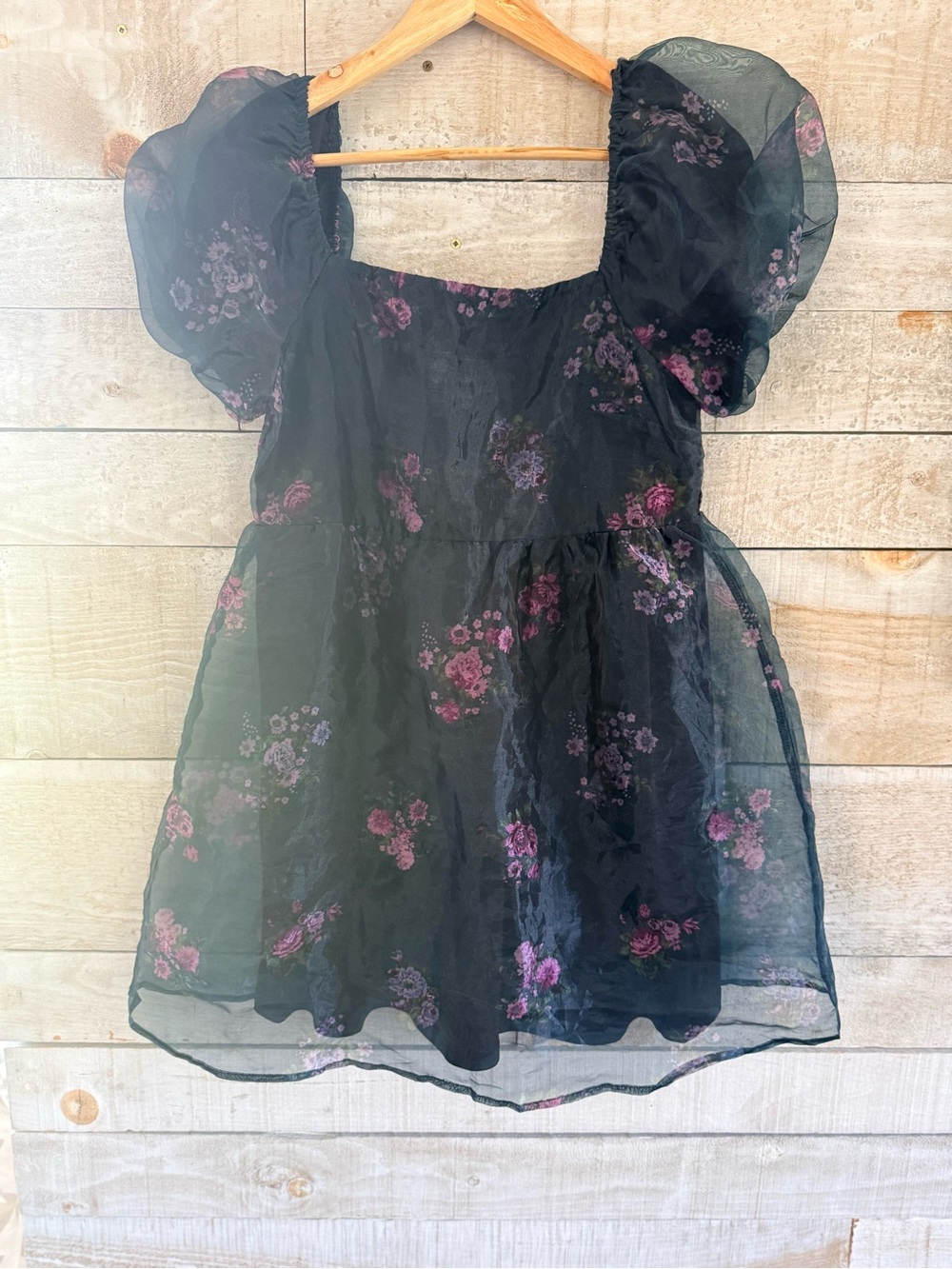 Jolt -Dark Green organza babydoll mini dress with Pink and Purple Floral Accents